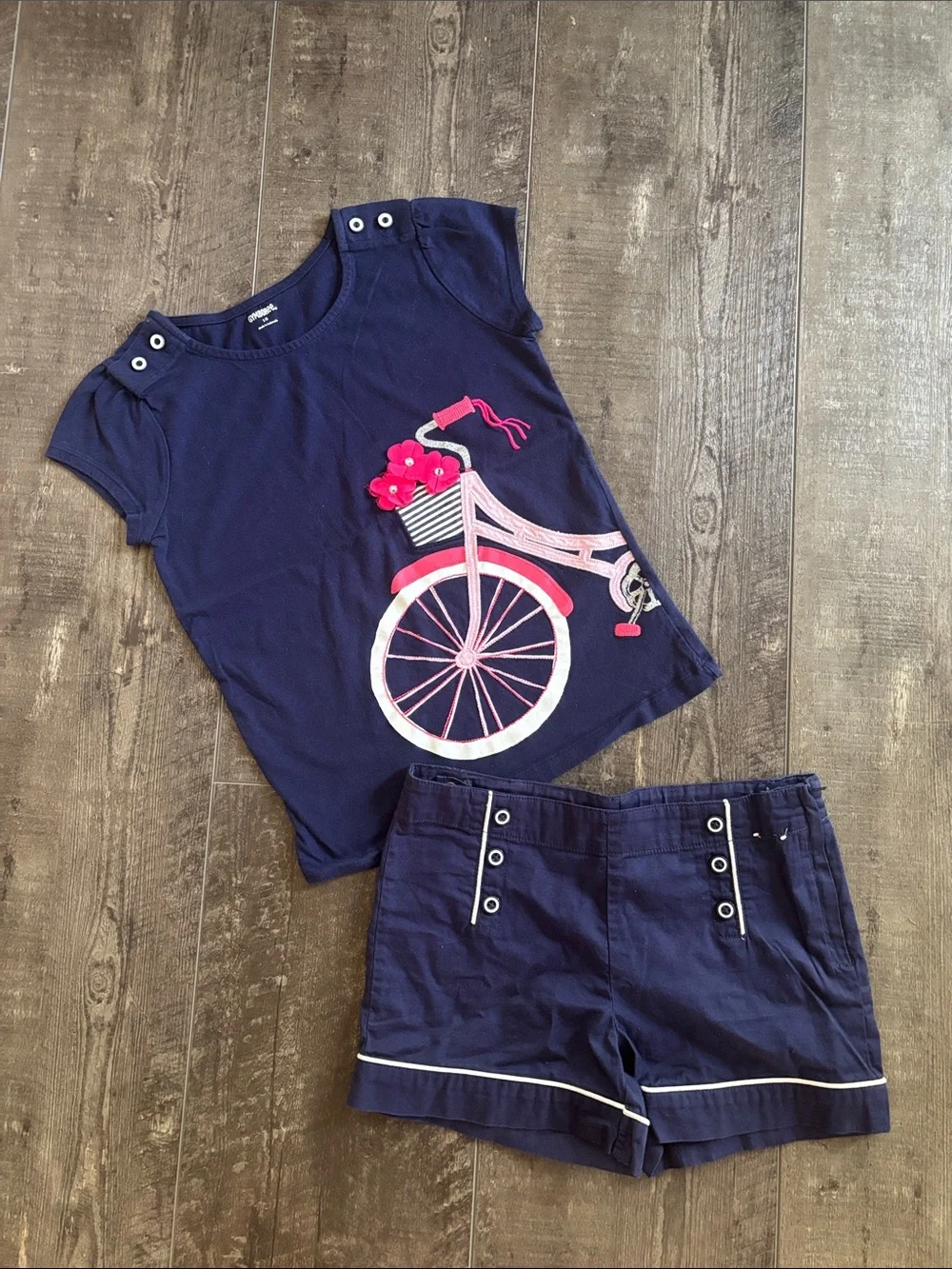 Gymboree Navy Tee with Pink Bicycle Graphic and shorts